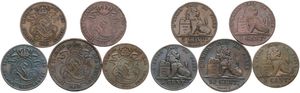 Belgium, Kingdom, Leopold I, Good lot with 5 different 5 & 10 Centimes copper coins in various grades including better items or grades...
