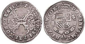 Spanish Netherlands, Philip II, 1/2 Bourgondische Rijksdaalder Silver 1569, Large cross divides date / Crowned arms with collar, VH 291.UT - Utrecht, SCARCE, VF