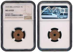 Belgian Congo, Colony, Albert I, 1 Centime Copper 1919, Center hole flanked by crowned monograms within beaded circle, KM 15, NGC Graded MS 64 RD