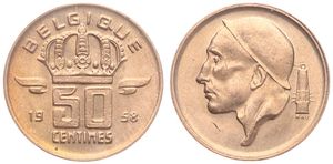 Belgium, Kingdom, Baudouin I, 50 Centimes Bronze 1958FR, Helmeted mine worker left, Morin 664, UNC !