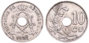 Belgium, Kingdom, Albert I, 10 Centimes Copper-Nickel 1927FR, Center hole within crowned monogram, Morin 347, SCARCE VARIETY WITH DOUBLE 9 IN DATE !, VF