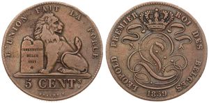 Belgium, Kingdom, Leopold I, 5 Centimes Copper 1859, Seated lion with tablet, Morin 85a, SCARCE VARIETY : WITHOUT CROSS ON CROWN !, A.VF
