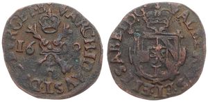 Spanish Netherlands, Albrecht & Isabella, 1 Duit Copper 1608, Crowned arms / Crown above cross with Golden Fleece, VH 593.AN - Antwerp, VF