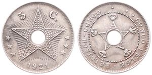 Belgian Congo, Colony, Albert I, 5 Centimes Copper-Nickel 1921, Center hole flanked by crowned monograms within beaded circle, KM 17, A.XF (Struck at Heaton / Birmingham)