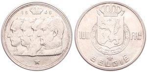 Belgium, Kingdom, Prince Charles, 100 Francs Silver 1949FL, Conjoined heads of four Kings, Morin 505, XF/AU