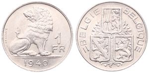 Belgium, Kingdom, Leopold III, 1 Franc Nickel 1940FL/FR, Seated lion right looking left, Morin 460, UNC