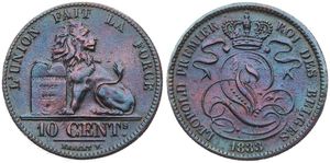 Belgium, Kingdom, Leopold I, 10 Centimes Copper 1833, Seated lion with tablet, Morin 62, A.XF