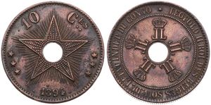 Congo Free State, Royal Domain, Leopold II, 10 Centimes Copper 1894, Center hole flanked by crowned monograms within beaded circle, KM 4, VF