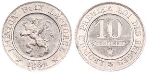 Belgium, Kingdom, Leopold I, 10 Centimes Copper-Nickel 1864, Rampant lion within circle left, Morin 136, SCARCE KEY DATE, XF