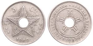Congo Free State, Royal Domain, Leopold II, 5 Centimes Copper-Nickel 1908, Center hole flanked by crowned monograms within beaded circle, KM 9, A.XF