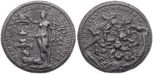 Spanish Netherlands, Philip II, Medal in lead & tin ND (1577) by Jacques Jonghelinck Dismantling of the citadel of Antwerp : Woman with long sword, lion at feet, holds liberty hat over crown with olive branches and hand holding heart / Plan of Antwerp's citadel, VF