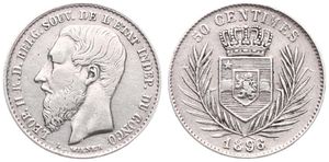 Congo Free State, Royal Domain, Leopold II, 50 Centimes Silver 1896, Bearded head left, KM 5, VF