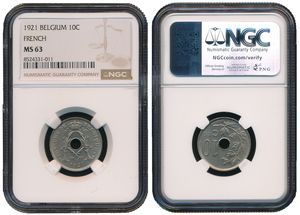 Belgium, Kingdom, Albert I, 10 Centimes Copper-Nickel 1921FR, Center hole within crowned monogram, Morin 339a, VARIETY WITH INCOMPLETE DASH BELOW CES, NGC Graded MS 63