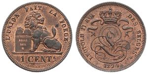 Belgium, Kingdom, Leopold II, 1 Centime Copper 1874FR, Seated lion with tablet, Morin 222, UNC