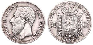 Belgium, Kingdom, Leopold II, 50 Centimes Silver 1898FL, Bearded head left, Morin 187, RARE VARIETY WITH L. WIENFR IN STEAD OF L. WIENER & DOUBLE 9 IN DATE!, VF