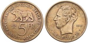 Belgian Congo, Colony, Leopold III, 5 Francs Nickel-Bronze 1937, Head of the King left, KM 24, VF