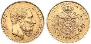 Belgium, Kingdom, Leopold II, 20 Francs Gold 1867, Bearded head right, Morin 141, XF (*)