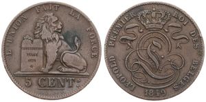 Belgium, Kingdom, Leopold I, 5 Centimes Copper 1849, Seated lion with tablet, Morin 76b, SCARCE VARIETY WITH LARGE DATE, A.VF