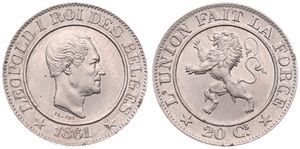 Belgium, Kingdom, Leopold I, 20 Centimes Copper-Nickel 1861, Rampant lion within circle left, Morin 132, A.UNC (edgenicks)