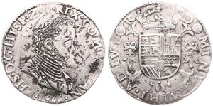 Spanish Netherlands, Philip II, 1/5 Filipsdaalder Silver 1566, Bust right / Crowned arms on cross, VH 271.BG - Bruges, A.VF