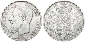 Belgium, Kingdom, Leopold II, 5 Francs Silver 1868, Bearded head left, Morin 155a (RARE POSITION B), A.VF