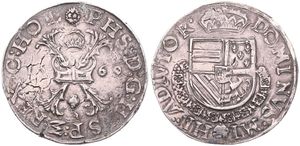 Spanish Netherlands, Philip II, 1 Bourgondische Rijksdaalder Silver 1569, Crown above large cross / Crowned arms with collar, VH 290.DO - Dordrecht, SCARCE, VF