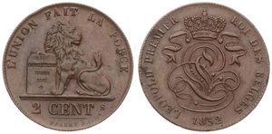 Belgium, Kingdom, Leopold I, 2 Centimes Copper 1852, Seated lion with tablet, Morin 101a, SCARCER DATE, XF