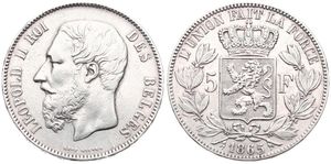 Belgium, Kingdom, Leopold II, 5 Francs Silver 1865, Bearded head left, Morin 152, SCARCE DATE !, VF