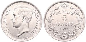 Belgium, Kingdom, Albert I, 5 Francs (1 Belga) Nickel 1932FR (Position A), Head left, Morin 386a, XF/AU