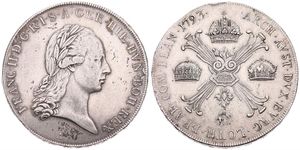 Austrian Netherlands, Franz II, 1 Kronenthaler Silver 1793A, Laureate head right / Floriated cross with 3 crowns & Golden Fleece, KM 62.1 Vienna, A.VF