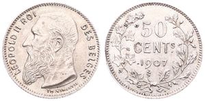 Belgium, Kingdom, Leopold II, 50 Centimes Silver 1907FR, Bearded head left, Morin 202, A.UNC