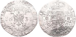 Spanish Netherlands, Philip IV, 1 Patagon Silver 1631, Cross with crown and golden fleece within circle / Crowned arms within circle, VH 645.BS - Brussels, VF (cleaned)