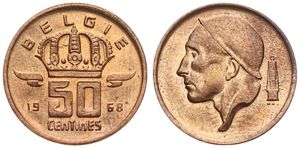 Belgium, Kingdom, Baudouin I, 50 Centimes Bronze 1968FL, Helmeted mine worker left, Morin 679, SCARCER DATE, UNC