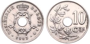 Belgium, Kingdom, Leopold II, 10 Centimes Copper-Nickel 1903FL, Center hole within crowned monogram, Morin 261, A.UNC