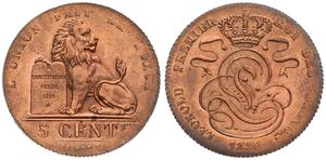 Belgium, Kingdom, Leopold I, 5 Centimes Copper 1834, Seated lion with tablet, Morin 69a, SCARCER DATE, XF (cleaned)