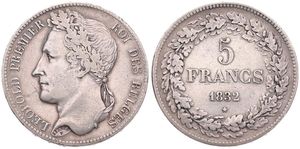 Belgium, Kingdom, Leopold I, 5 Francs Silver 1832, Laureate head left, Morin 7a (Position A), RARE DATE, VF