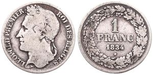 Belgium, Kingdom, Leopold I, 1 Franc Silver 1834, Laureate head left, Morin 23, Fine