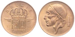 Belgium, Kingdom, Baudouin I, 50 Centimes Bronze 1952FL, Helmeted mine worker left, Morin 657, UNC !