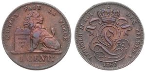 Belgium, Kingdom, Leopold II, 1 Centime Copper 1869FR, Seated lion with tablet, Morin 219, A.UNC