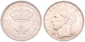 Belgium, Kingdom, Leopold III, 20 Francs Silver 1935FR/FL (Position A), Head left, Morin 449a, UNC