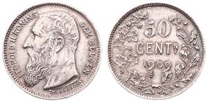 Belgium, Kingdom, Leopold II, 50 Centimes Silver 1909FL, Bearded head left, Morin 205, XF