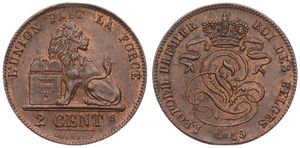 Belgium, Kingdom, Leopold I, 2 Centimes Copper 1849, Seated lion with tablet, Morin 98, XF