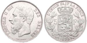 Belgium, Kingdom, Leopold II, 5 Francs Silver 1873, Bearded head left, Morin 160, XF