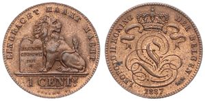 Belgium, Kingdom, Leopold II, 1 Centime Copper 1887FL, Seated lion with tablet, Morin 226, UNC