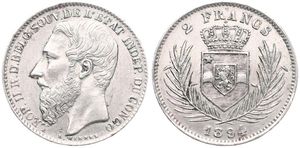 Congo Free State, Royal Domain, Leopold II, 2 Francs Silver 1894, Bearded head left, KM 7, XF