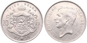 Belgium, Kingdom, Albert I, 20 Francs (4 Belgas) Nickel 1931FL (Position B), Head left, Morin 377b, XF
