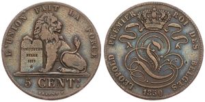 Belgium, Kingdom, Leopold I, 5 Centimes Copper 1850, Seated lion with tablet, Morin 77b, SMALL 0 IN DATE, A.VF
