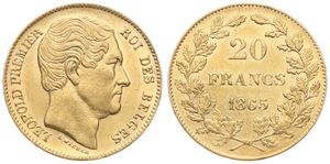 Belgium, Kingdom, Leopold I, 20 Francs Gold 1865, Bare head right, Morin 6 (Position A), XF (*)