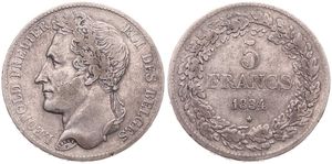 Belgium, Kingdom, Leopold I, 5 Francs Silver 1834, Laureate head left, Morin 9a (Position A), SCARCER DATE, A.VF
