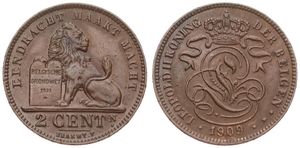 Belgium, Kingdom, Leopold II, 2 Centimes Copper 1909FL, Seated lion with tablet, Morin 218, SCARCE DATE !, XF